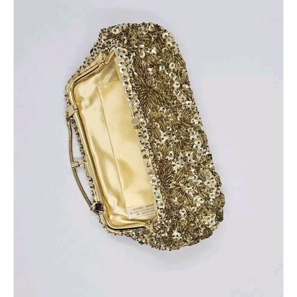 Vintage Gold Hand Beaded and Sequined Evening Bag Gold Handle Hong Kong - Picture 9 of 13